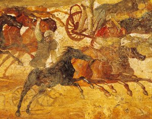 Detail z fresky zobrazující rasu qurigas z Pompejí v Itálii od Roman Roman