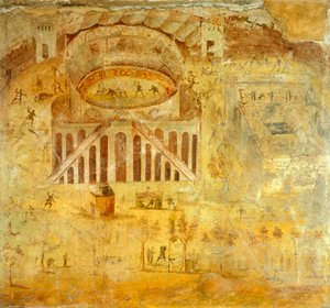 Fresko, joka kuvaa pompeilaisten ja Nocerinin välistä riitaa amfiteatterissa, Pompejista, Campaniasta, roomalaisesta sivilisaatiosta od Roman Roman