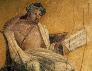 Řecký dramatik Menander, detail z fresky, peristyl domu Menandrů, Pompeje, Kampánie, Itálie, římská civilizace od Roman Roman