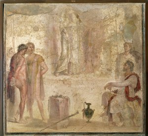 Itálie, Kampánie, Pompeje, Dům Zlatých Amorů, Orestes a Pylades před Ifigenie, freska od Roman Roman