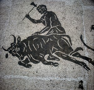 Mozaika zobrazující scénu porážky býka nalezená v Ostii (Ostia) (nedaleko Říma). V současné době zachována v bývalé hasičské síni Ostia. od Roman Roman
