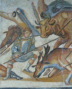 Mozaika zobrazující scénu lovu divoké zvěře, detail gladiátora zabíjejícího zvíře od Roman Roman