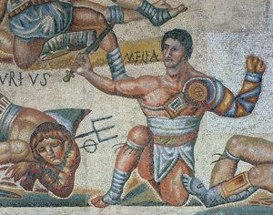 Mozaika zobrazující scénu bojujících gladiátorů, detail vítězného gladiátora od Roman Roman