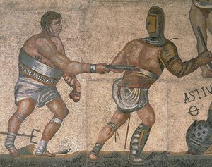 Mozaika s výjevem bojujících gladiátorů, detail gladiátora oděného do brnění od Roman Roman
