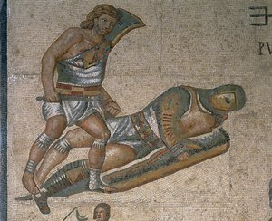 Mozaika s výjevem bojujících gladiátorů, detail gladiátora oděného do brnění od Roman Roman