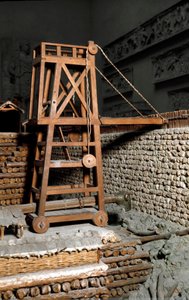 Římský starověk: model reprodukující obléhání Avaricum (dnešní Bourges) římskými legiemi Julese Cesara proti armádě Vercingetorixe během války v Galii. 52 př. nl Mobilní beliérská věž umístěná na vrcholu aggeru. Řím, Museo della Civilta Ro od Roman Roman