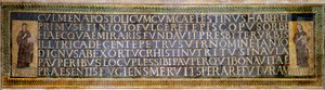 Římské umění: mozaika s věnováním svaté Sabině, křesťanské mučednici z 2. století. Nese jména Petra z Illyria (Pietro d