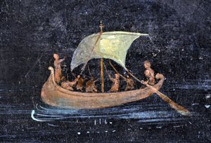 Římské umění: říční scéna - loď a námořníci na řece (řece) - fragment fresky Pompeje zachovaný v Archeologickém muzeu v Neapoli, Itálie - Museo Archeologico Nazionale, Napoli, Itálie - Foto Patrice Cartier - od Roman Roman