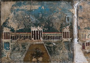 Kolmannen tyylin fresko, joka kuvaa arkkitehtonista maisemaa, yksityiskohta rakennuksesta, jota reunustelee pylväikuuri, Pompejista od Roman Roman