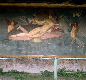 Venuše odpočívá ve skořápce. Dům Venuše, Pompeje, Itálie. Freska. od Roman Roman