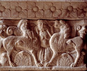 Kentaur a lev, vyřezávaný kapitál na tribuně převorství od Romanesque