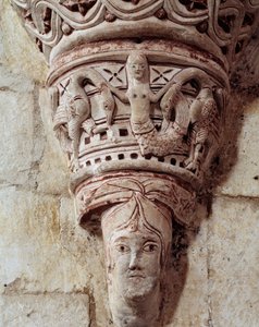 Mořská panna, vyřezávané hlavní město kněžiště od Romanesque