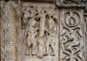 Adam a Eva. Detail fasády bazilikánu, počátkem 12. století (reliéf) od Romanesque
