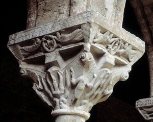 Kapitál představující tři Židy v ohnivé peci (socha od Romanesque