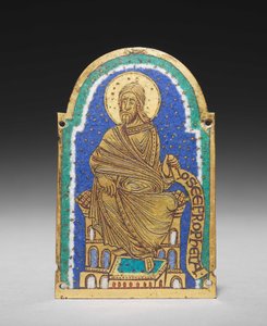 Plaketa: Sedící prorok z relikviářní svatyně: Osea (Hosea), kolem 1170-1180 (zlacená měď, champlevé smalt) od Romanesque
