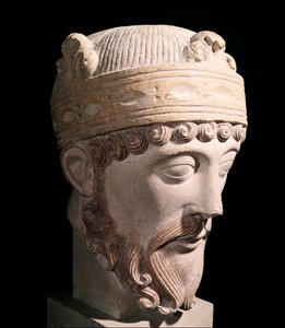 Portrét karolínského krále West Francia Lothair (kamenná socha od Romanesque