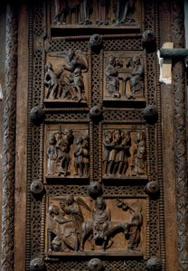 Románské umění: dřevěné dveře z poloviny 12. století kostela sv. Marie Kapitolské v Kolíně nad Rýnem, Německo (Sankt Maria im Kapitol, Kolín). Scény znázorňující zvěstování pastýřům, narození Páně, klanění mágů a pod. od Romanesque