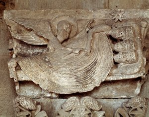 Mágové spí s andělem, který je probouzí a ukazuje na betlémskou hvězdu (vyřezávané hlavní město) od Romanesque