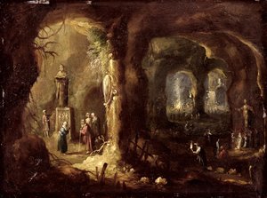 Grotta se sochami a četnými postavami uctívajícími modly (sv. Simeon Stylites), kolem roku 1640 (olej na mědi) od Rombout van Troyen