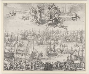 Cesta Viléma III do Anglie, 1688 Sea Tour od Hellevoet Sluys od S.K.H. Wilhem Henrik od G. Ga. Princ z Orangeie Erfstadh. víčko. a Adm. Gen. van Spojené státy / Za obnovu ústav a pravého náboženství v Engelant Sch od Romeyn de Hooghe (attributed to workshop of)