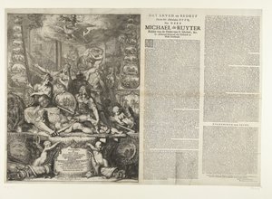 Alegorie smrti Michiela de Ruytera, 1676 The Life and Business of the Ed: Manhaften Heer, Den Heer Michaël de Ruyter Rytíř Řádu St. Michiel, atd. Lt. Admirál generál van Hollandt a West-Vrieslandt (titul na předmětu) od Romeyn de Hooghe