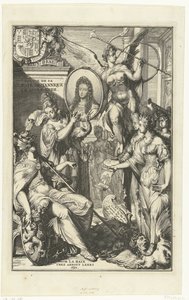 Alegorický frontispis s portrétem Viléma III Voyage de sa Majeste Britannique en Hollande (název na objektu) od Romeyn de Hooghe