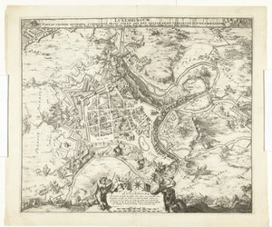 Bombardování van Luxemburg door de maarschalk de Créquy, 1684 Lucembursko, olovo. příjmení metropole chimacens princ stren def. reg. Ale paže Galie ho obsadily. 4. června Ao. 8834 (název na objektu) od Romeyn de Hooghe