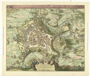 Bombardování van Luxemburg door de maarschalk de Créquy, 1684 Lucembursko, olovo. příjmení metropole chimacens princ stren def. Reg. Ale paže Galie ho obsadily. 4. června Ao. 8834 (název na objektu) od Romeyn de Hooghe
