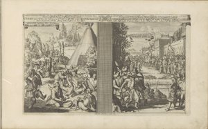 Lékaři v Arcladě; Jezuita oholen mýtným v Golkondě Guerisons infames des Arclades / Rude Healings // Roi de Golconde, Douane atd. / Tolrecht, en Cases (název na předmětu) Les Indes Orientales et Occidentales et autres od Romeyn de Hooghe