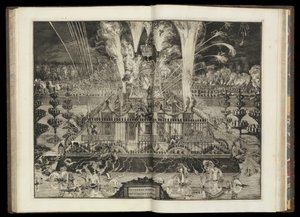 Velký ohňostroj. Z "Triumfálního návratu Jeho britského Veličenstva do Holandska" (CBL AL 146, pl.67). od Romeyn de Hooghe