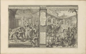 Historie státního úředníka v Persii; Čas s Mexičany Perské dějiny / Histoire de Perse // Veder Schilder Konst / Art de peindre chés les Mexiquains (název na objektu) Les Indes Orientales et Occidentales et autres lieux (název série) od Romeyn de Hooghe