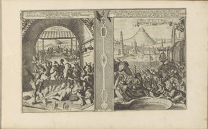 Chief Smith s Virginians; Královský svátek v Pegu Virginiaense Ceremonien / Ceremonies de Virginie // Královské slavnosti do Pegu (název na objektu) Les Indes Orientales et Occidentales et autres lieux (název série) od Romeyn de Hooghe