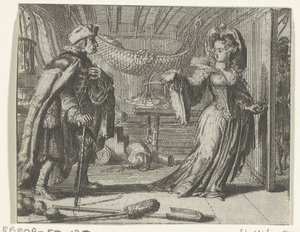 Illustratie voor Kalendář starých mužů uit Tales and novels van Fontaine od Romeyn de Hooghe