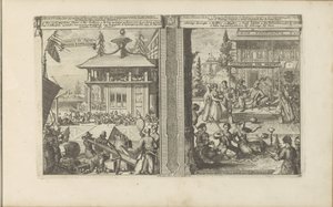 japonský koophandel; Hof van de koning van de Calaminhans Japonský koophandel / Obchod Japonska // Calaminhans Eer Pracht / Velkolepost krále Calaminhana, ve Východní Indii (název na předmětu) Východní a Západní Indie a další místa (série od Romeyn de Hooghe