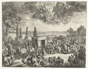Karel II Španělský klečící u kočáru od Romeyn de Hooghe