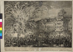 Noční ohňostroj na ulici Sablons v Bruselu 1686 (lept) od Romeyn de Hooghe