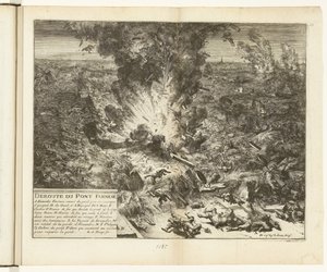 Vyhození lodního mostu Parma přes Šeldu, 1585 Deroute du Pont Farnese (název na objektu) Guerres de Flandres (název série) od Romeyn de Hooghe