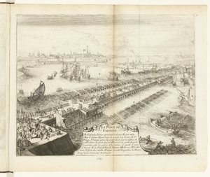Parmský lodní most přes Šeldu, 1585 Le Pont de Farnese (název na objektu) Guerres de Flandres (název série) od Romeyn de Hooghe