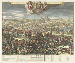 Bitva u Höchstädtu, 1704 Požehnání od Hoogstada, na Fransen a Beyersen od S.H. Marlbourg a Pr. Eugenius Savojský, 13. Aug. 1704 (název na objektu) od Romeyn de Hooghe