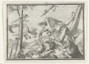Titulní strana brožury: De Geplukte Tapoeijer, 1702 De Plukte Tapoeijer (název na objektu) Esopus v Evropě (název série) od Romeyn de Hooghe