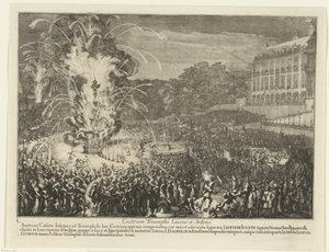 Ohňostroj v palácové zahradě, 1686 Castrum Triumphi Lucens et Ardens (název na objektu) Vstup Leopolda I. do Bruselu po porážce Turků, 1686 (název seriálu) od Romeyn de Hooghe