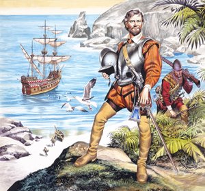 Francis Drake a Zlatá laň (kvaš na papíře) od Ron Embleton