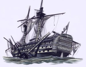 Loď HMS Victory po bitvě u Trafalgaru, s odstřeleným horním stěžněm (kvaš na papíře) od Ron Embleton