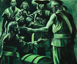 Sir Henry Morgan a truhla s pokladem (kvaš na papíře) od Ron Embleton