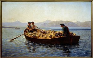 Změna pastvy. Pastýři nastoupili do stáda ovcí, aby je odvedli na druhý břeh. Obraz od Rosy Bonheur (1822-1899) od Rosa Bonheur