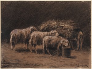 Pár ovcí a beran ve stáji od Rosa Bonheur