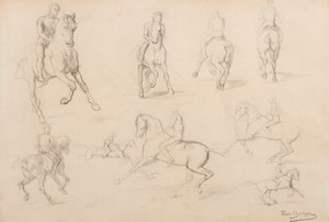 Studie koně a jezdce (grafit na bílém tkaném papíře) od Rosa Bonheur