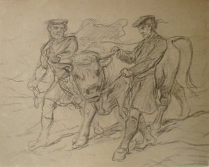Dva muži s býkem, Rosa Bonheurová, černá křída, Columbus Museum of Art od Rosa Bonheur