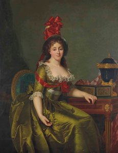 Portrét dámy v zelených saténových šatech a čepci s červenými stuhami. od Rose Adelaide Ducreux