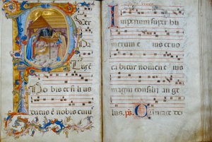 Kniha sboru „D“ vystavená v katedrále Santo Stefano: historická iniciála zobrazující Narození Páně, kolem roku 1429-35